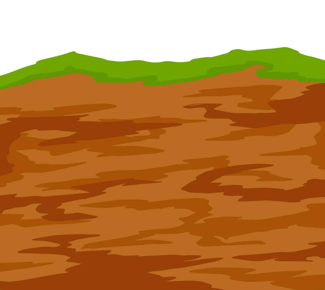 Land in the section. Archaeological scenery. Brown ground. Dirt clay and green grass. Vector cartoon. Underground background. Geological layer