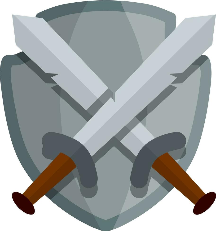 Medieval heraldic coat of arms. Cartoon flat illustration. Defense and protection. Old weapons and armor of knight and warrior. Grey guard shield and crossed sword vector