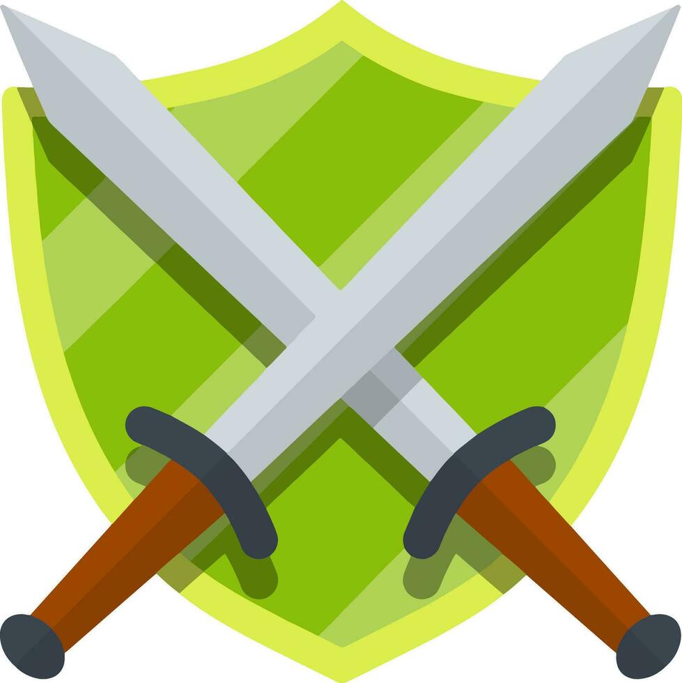 Medieval heraldic coat of arms. Green guard shield and crossed sword. Defense and protection. Cartoon flat illustration. Old weapons and armor of knight and warrior vector