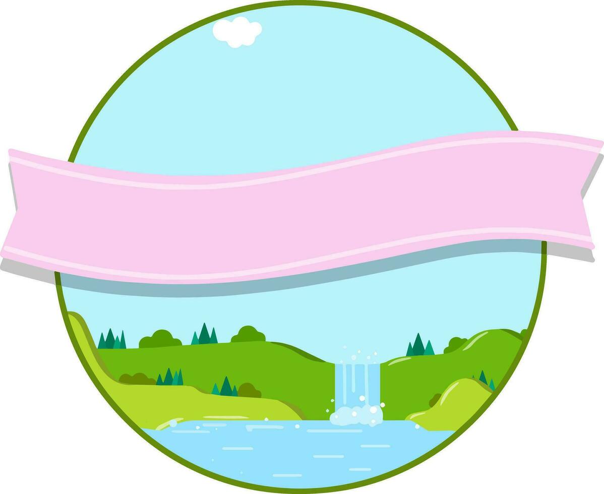 Natural landscape in the logo circle. Waterfall and pond with green hill and forest. Summer view. A place for tourist recreation. Cartoon flat illustration vector