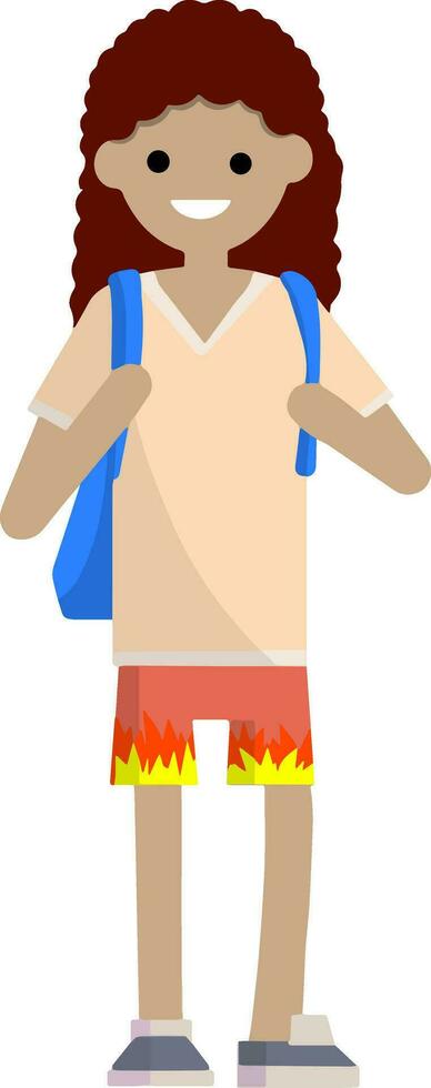 Young girl in t-shirt, shorts and a backpack waving. Woman in summer sportswear. Student and traveler. Cartoon flat illustration vector