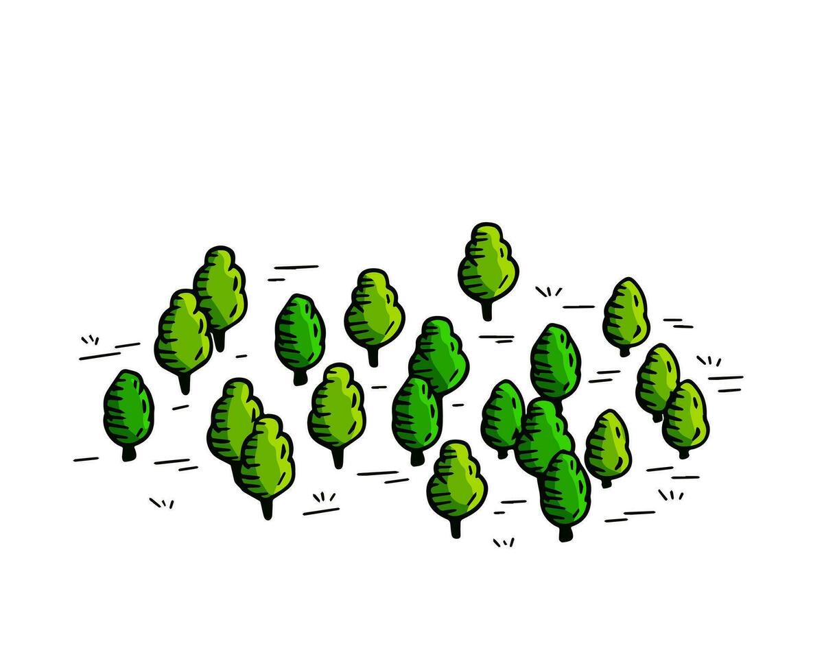 Trees for map. Hand drawn Green forest. Sketch park area. Outline cartoon illustration vector