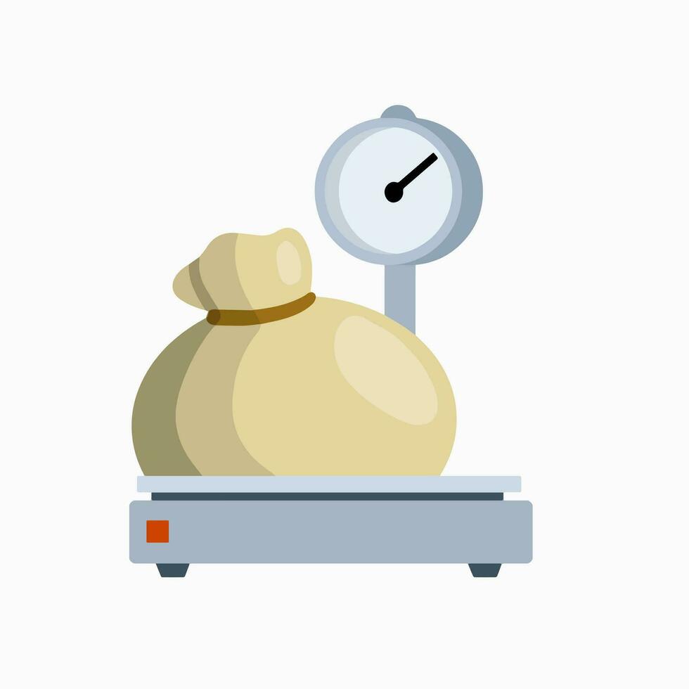 Bag on scale. Weighing of loose goods. Industrial device with a platform for heavy loads. Farmer canvas sack. Flat cartoon vector