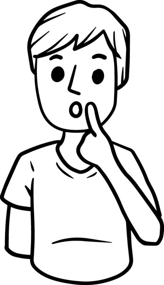 Confused man. Emotions of hesitation, suspicion and mistrust. Hand-drawn embarrassed young character. Boy in shirt. Doubts and gesture finger at hands vector