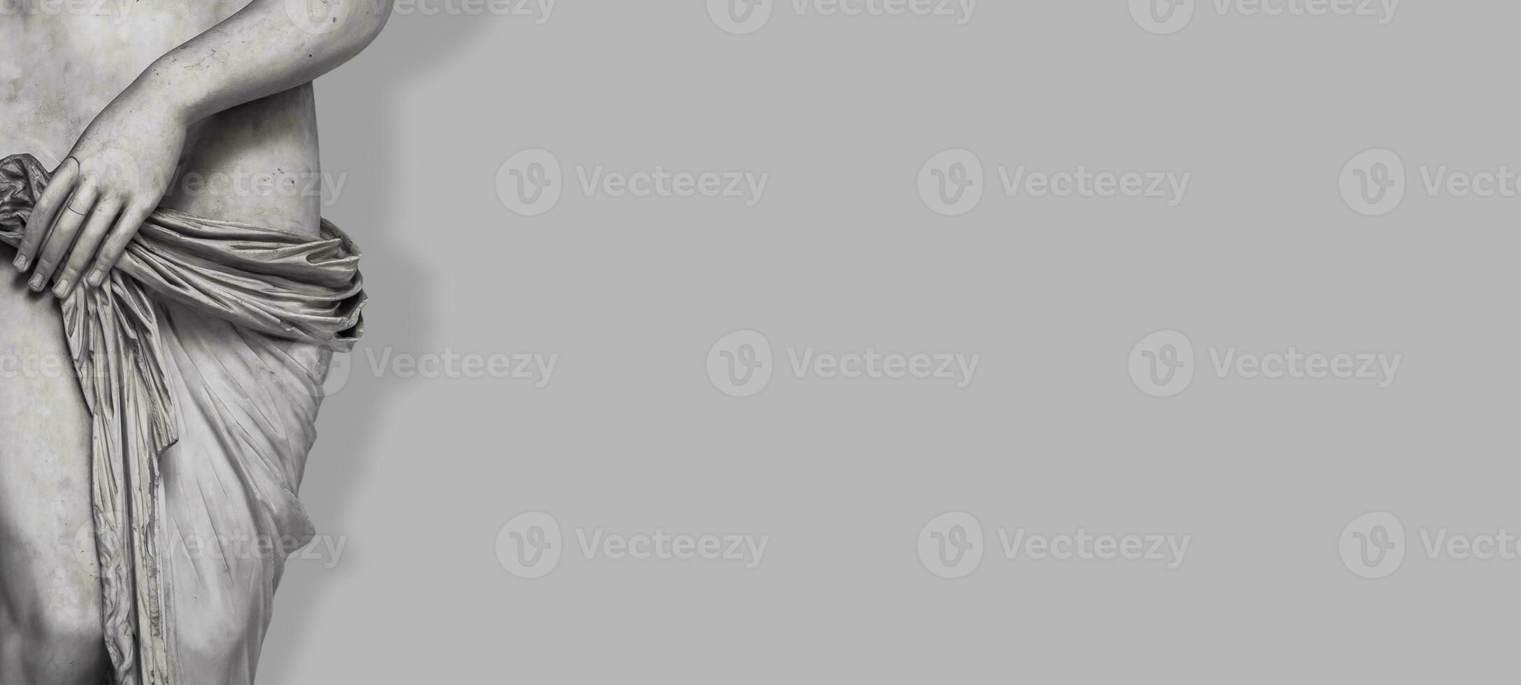 Banner with old statue of sensual bathing Renaissance Era woman with long legs at solid grey background with copy space and shadow. Concept of woman beauty photo