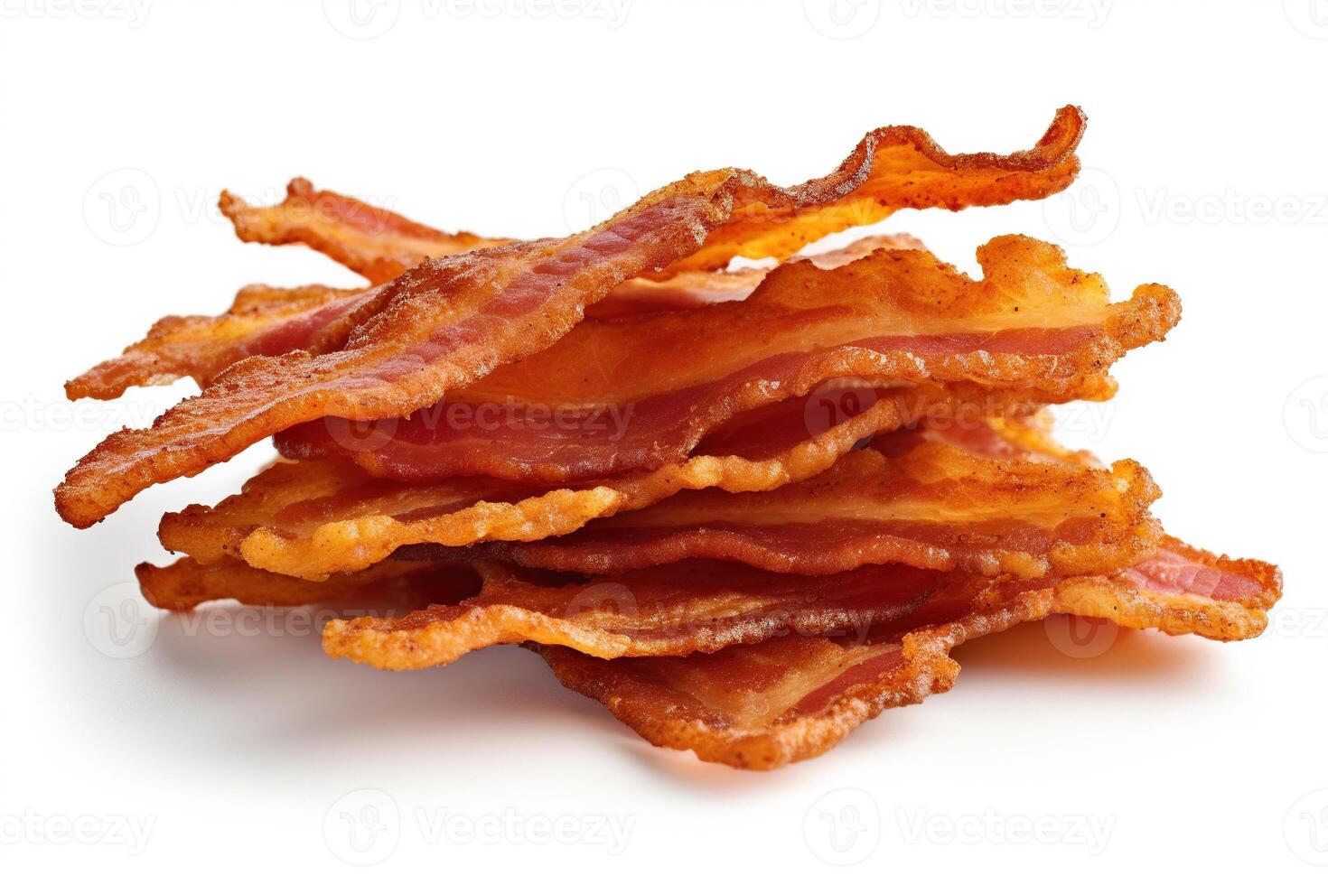 Crispy fried bacon strips, a salty and fatty American breakfast staple, isolated on a white background. AI Generative photo