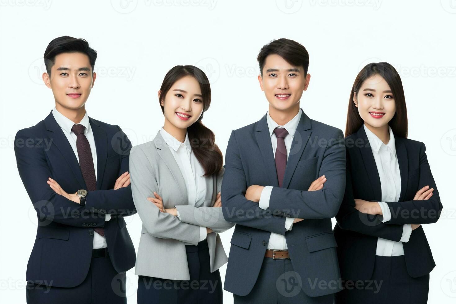 grupo de sonriente asiático joven negocio personas equipo trabajo y estar con brazos cruzado exitoso juntos idea concepto, aislado en blanco antecedentes ai generativo foto