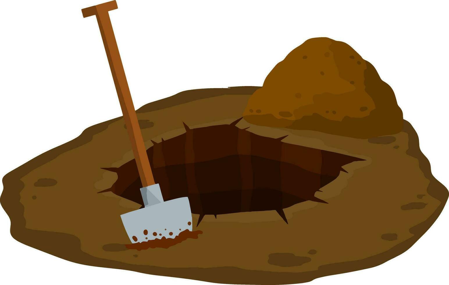 Digging a hole. Shovel and dry brown earth. Grave and excavation. Cartoon flat illustration in white background. Funeral in desert. Pile dirt and stones vector