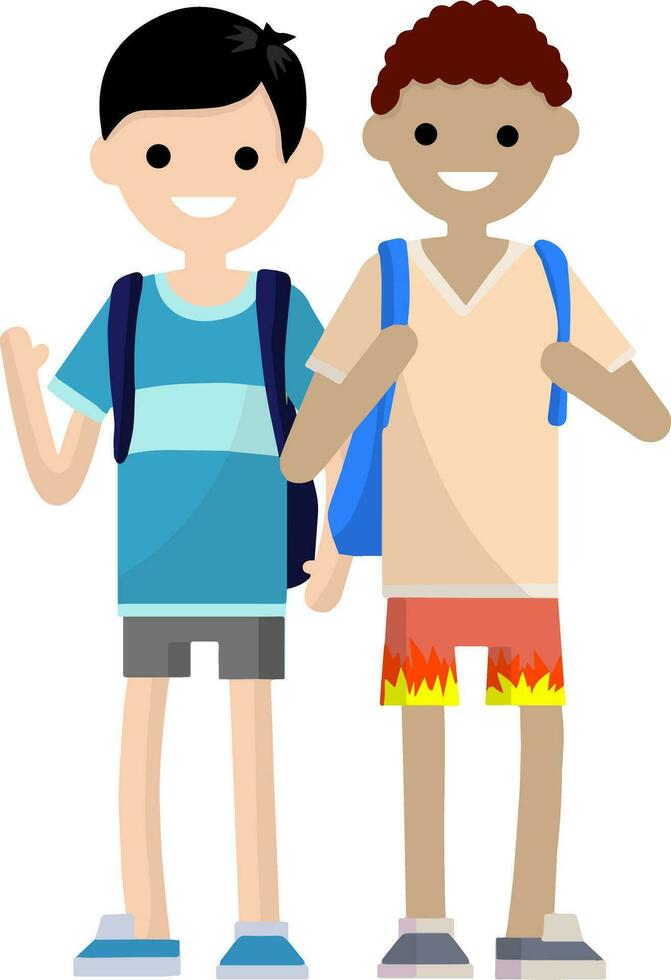 dos estudiante amigo con mochilas hombres en bermudas. un vacaciones en el verano estación. viaje y caminata. multicultural amigos. suerte tipo. dibujos animados plano ilustración vector