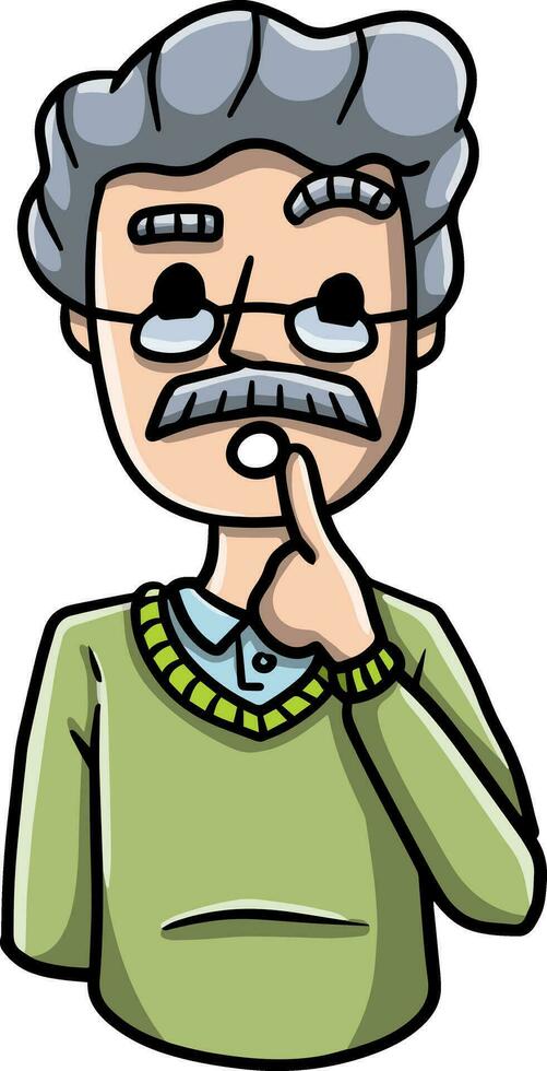 Confused man. Doubts and gesture finger at hands. Emotions of hesitation, suspicion and mistrust. Cartoon embarrassed character. Guy and question vector