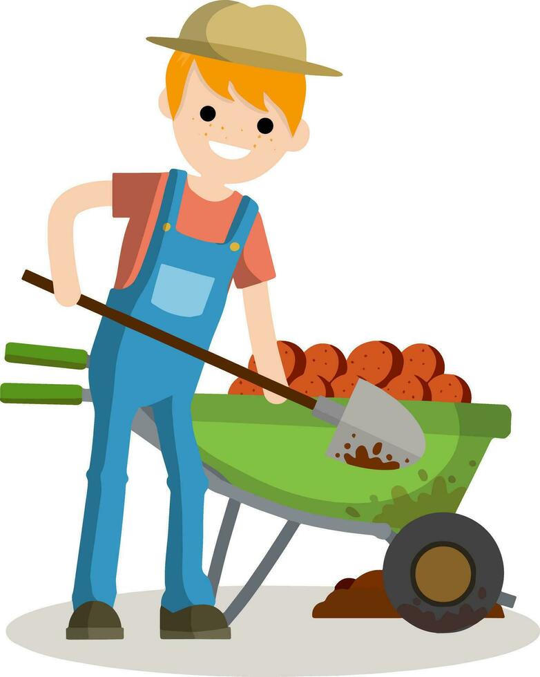 hombre agricultor con pala cavar cama de tierra. trabajador del campo en mono. tipo de profesión. siembra de primavera. alimentos orgánicos. el chico del pueblo. ilustración plana de dibujos animados vector