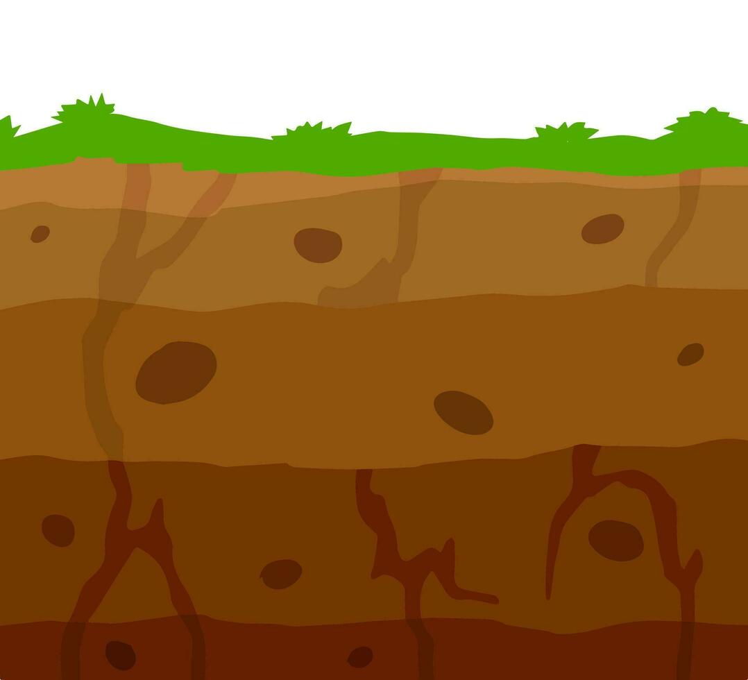 Land in the section. Archaeological scenery. Brown ground. Dirt clay and green grass. Vector cartoon. Underground background. Geological layer