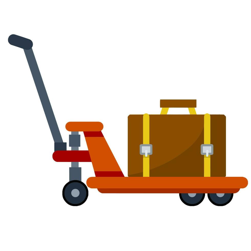 Platform trolley and Handcart with Luggage and suitcase. Stack of baggage, briefcase and bag. Logistics and transportation. Flat cartoon isolated on white. Hand cart vector