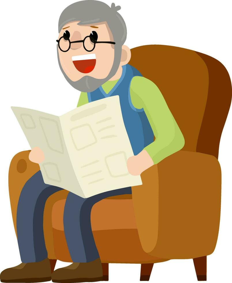 antiguo hombre se sienta en un marrón silla y lee periódico. estilo de vida de sénior. dibujos animados plano ilustración. descanso y relajarse de abuelo con noticias. mueble - Sillón vector