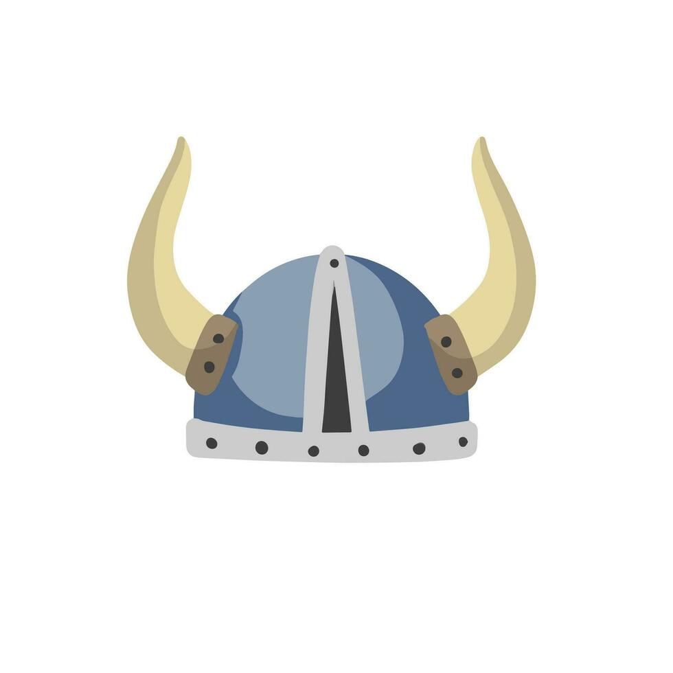 Horned helmet of Viking. Armor of Scandinavian barbarian. Protecting the soldier head. Medieval object. Flat cartoon illustration vector