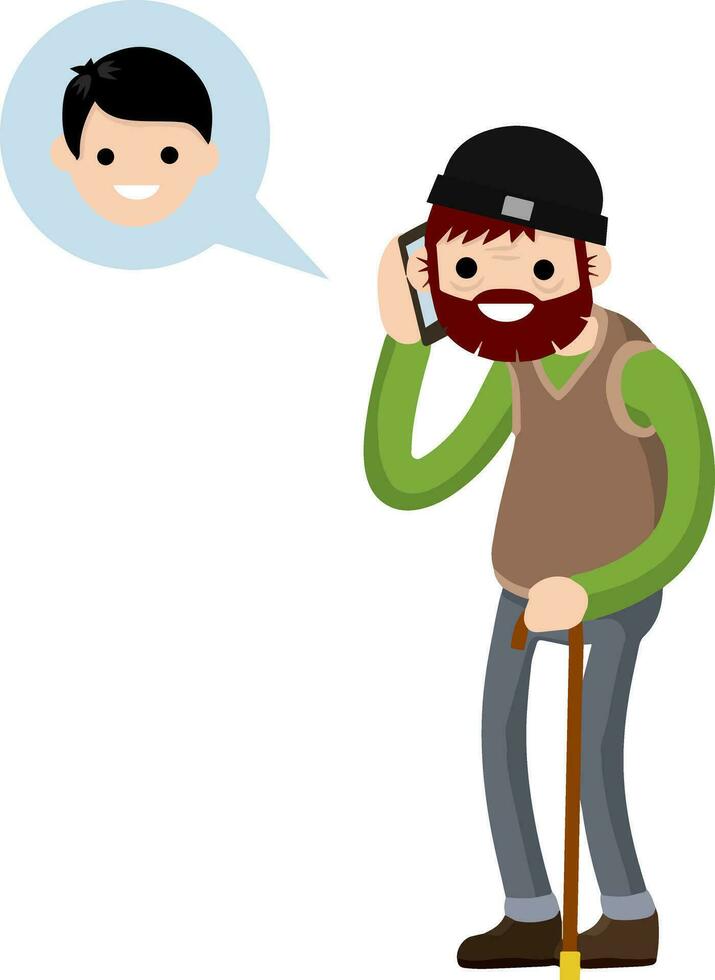 Grandfather call grandson on phone. Talk old Senior man and boy. Cartoon flat illustration. Communication generations. Family and friendship. Cane and glasses. Lifestyle and pastime of elder pensioner vector