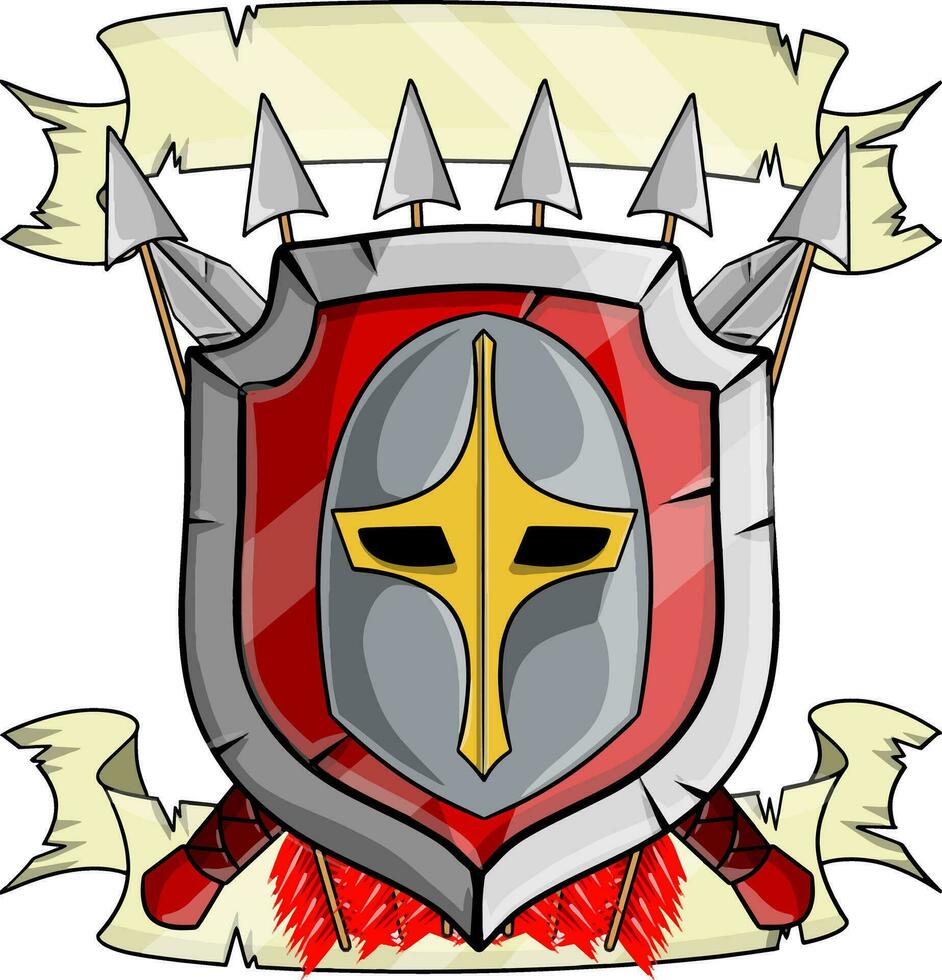 Heraldic coat of arms of medieval knight. Metal weapons and armor. Cartoon illustration. Red shield with helmet, arrow, ribbon and crossed sword vector