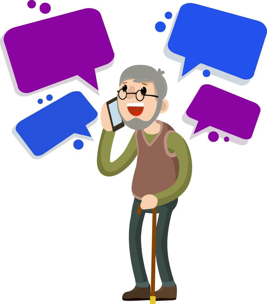 Grandfather call on phone. Old Senior man. Communication generations. Family and friendship. Lifestyle and pastime of elder pensioner. Flat cartoon Cloud text bubble dialog. Conversation and Talk. vector