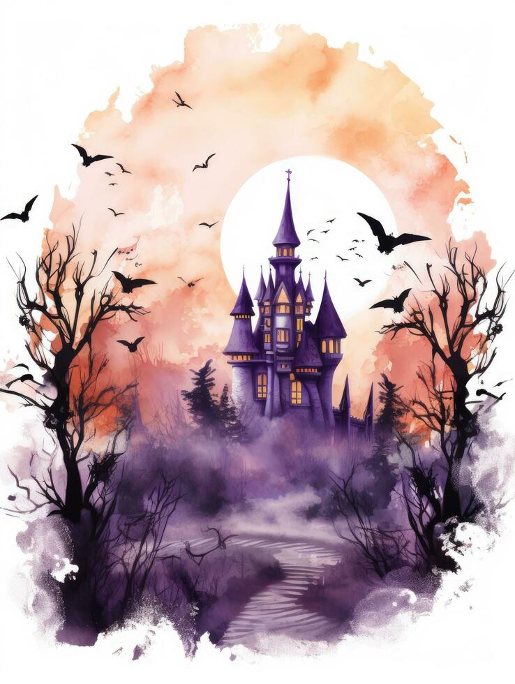 Decorative Watercolour painting of a Halloween landscape with castle and bats flying photo