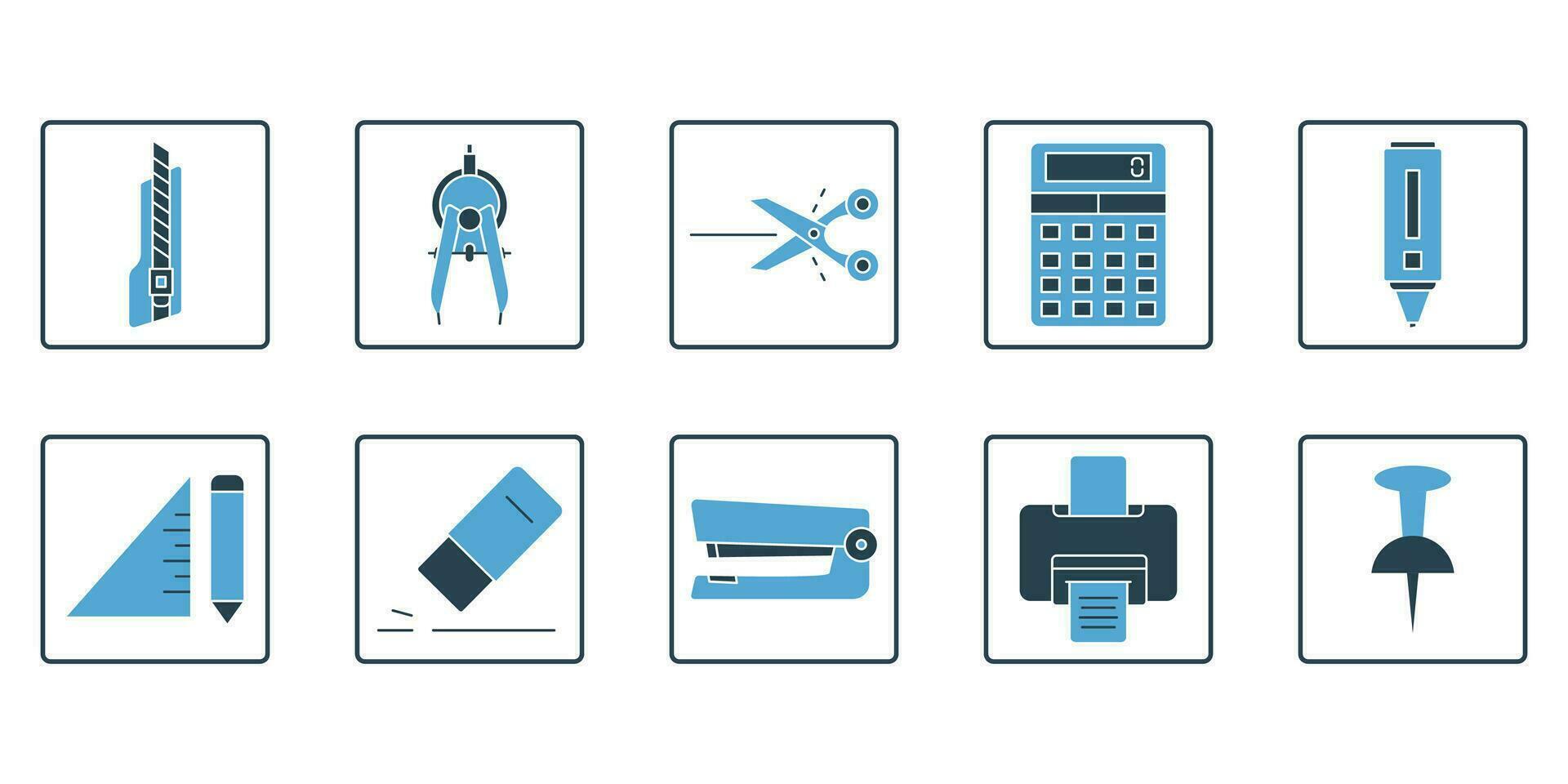 Stationery set icon. Contains icons cutter knife, cutter, divider, scissors, etc. Solid icon style. Simple vector design editable