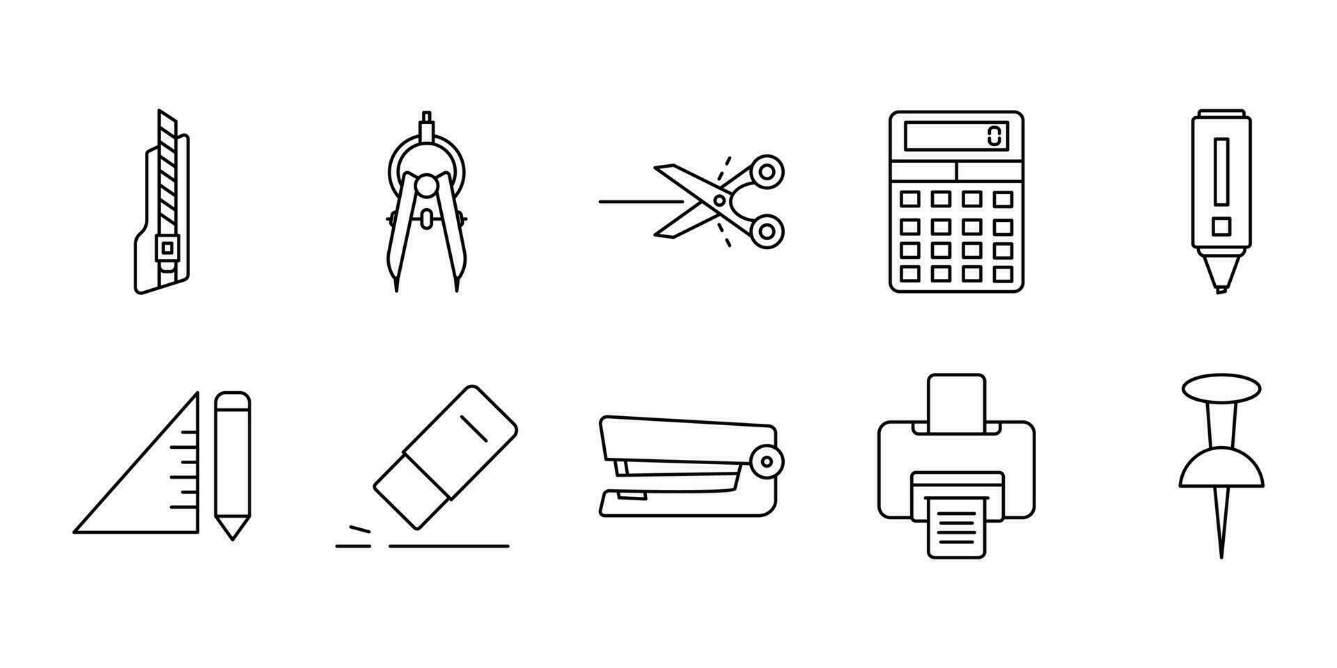 Stationery set icon. Contains icons cutter knife, cutter, divider, scissors, etc. Line icon style. Simple vector design editable