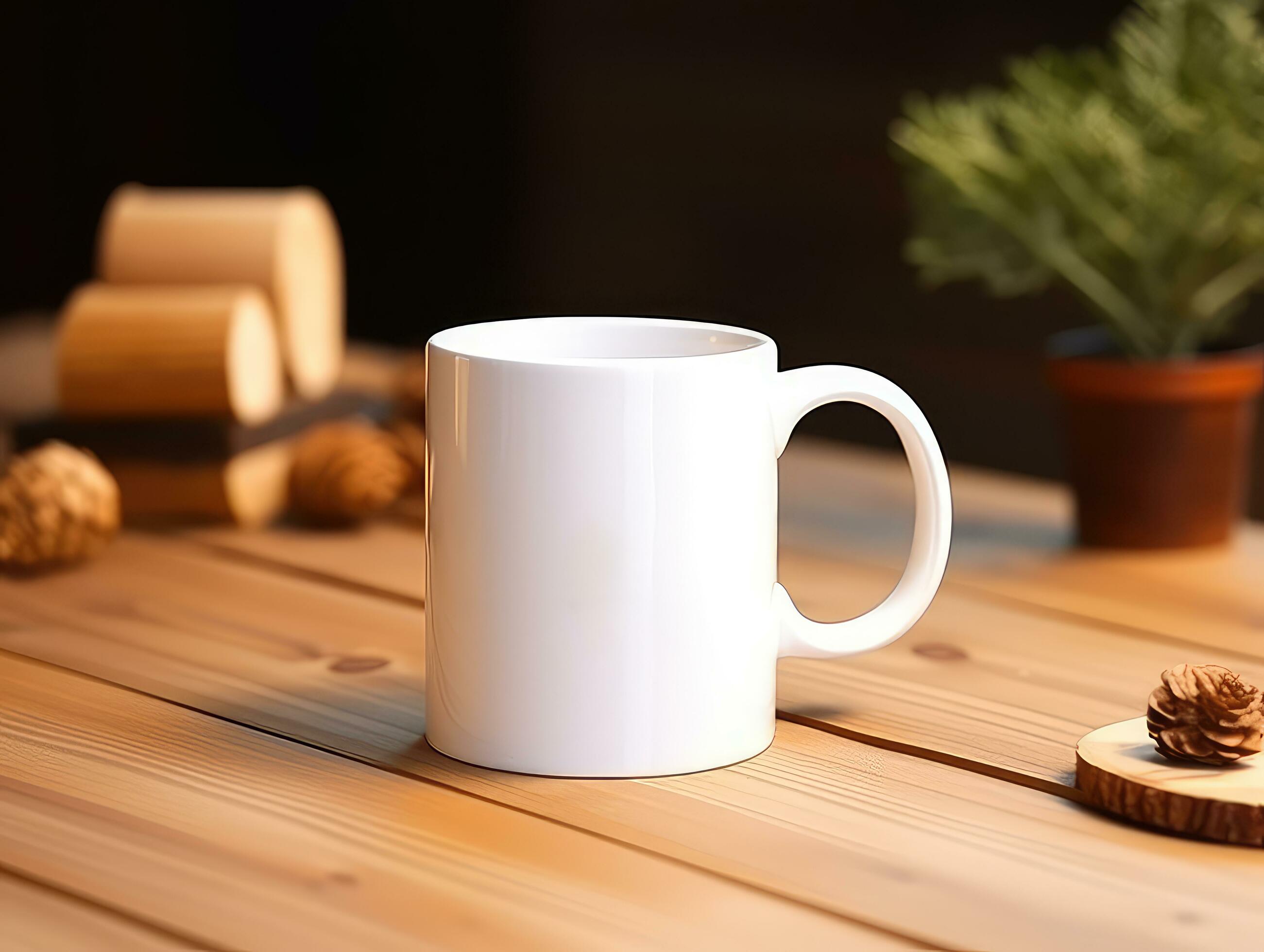 White blank coffee mug mock set-up, outside on a little wooden table with  an ironwork