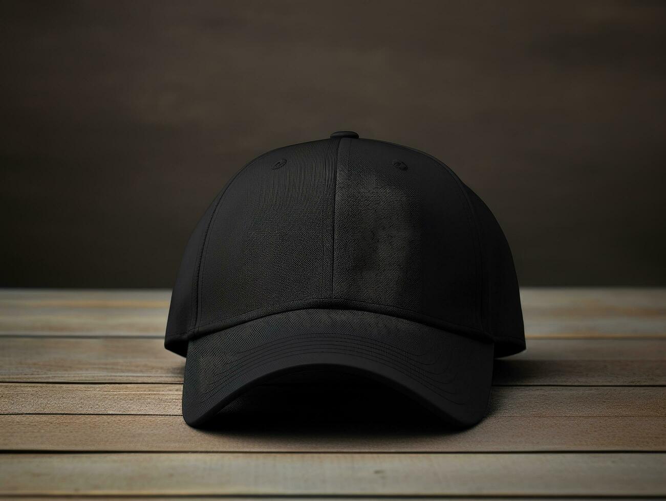 Product mock up design of a blank black cap on a wooden table photo