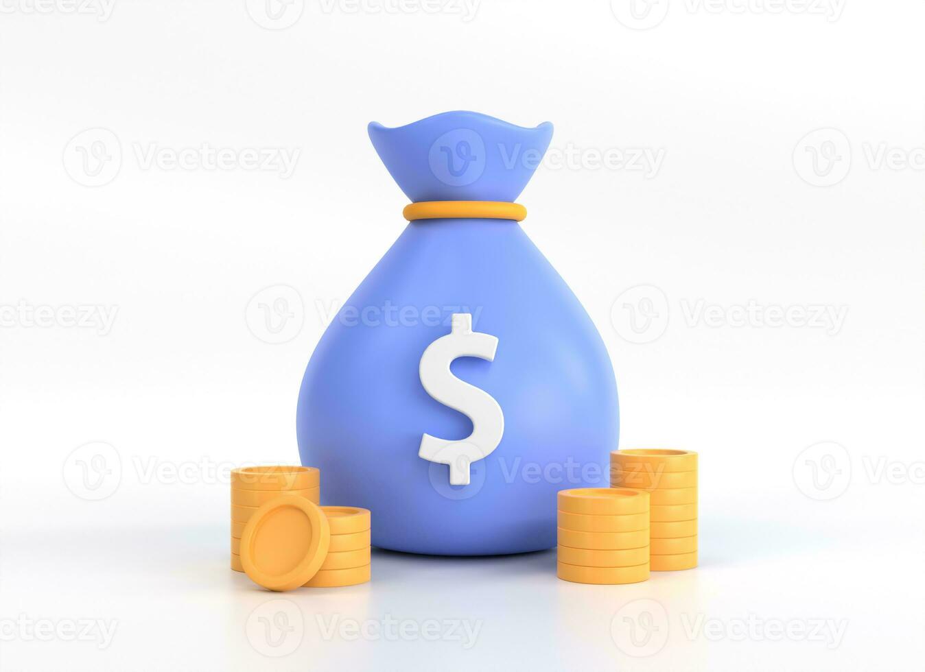 3d icon of a money bag and a stack of gold coins in a minimalistic cartoon style. concept of business, financial investment or savings. illustration isolated on white background. 3d rendering photo