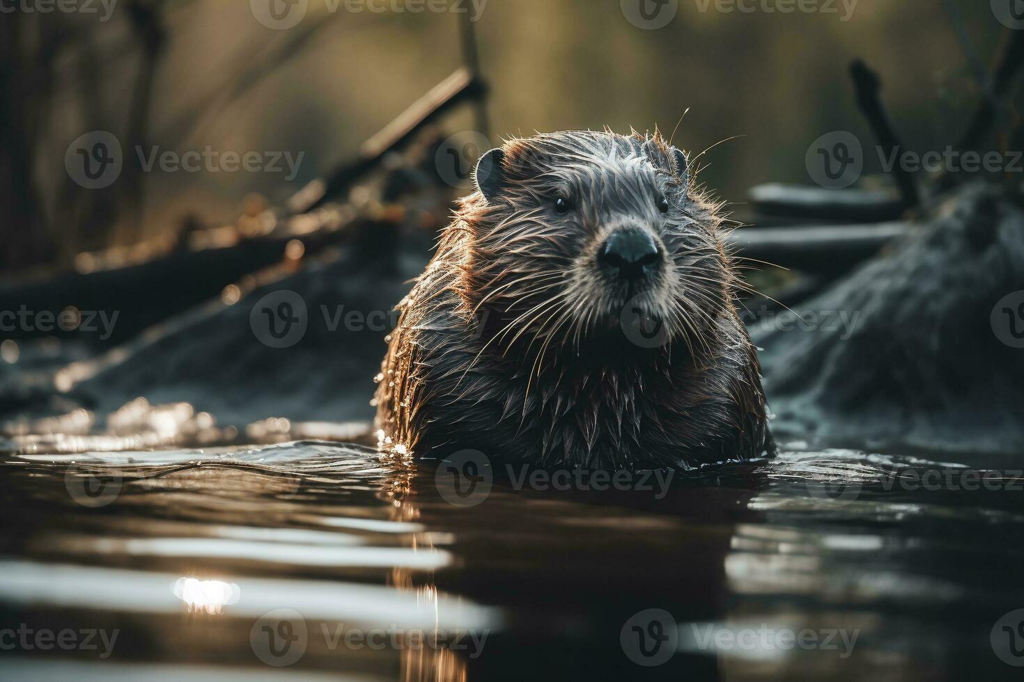 A wet Eurasian beaver stands in the water. ai generative photo