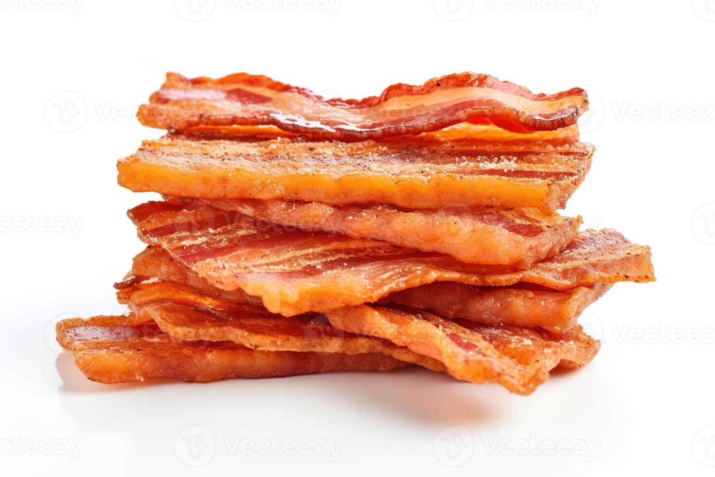 Crispy fried bacon strips, a salty and fatty American breakfast staple, isolated on a white background. AI Generative photo