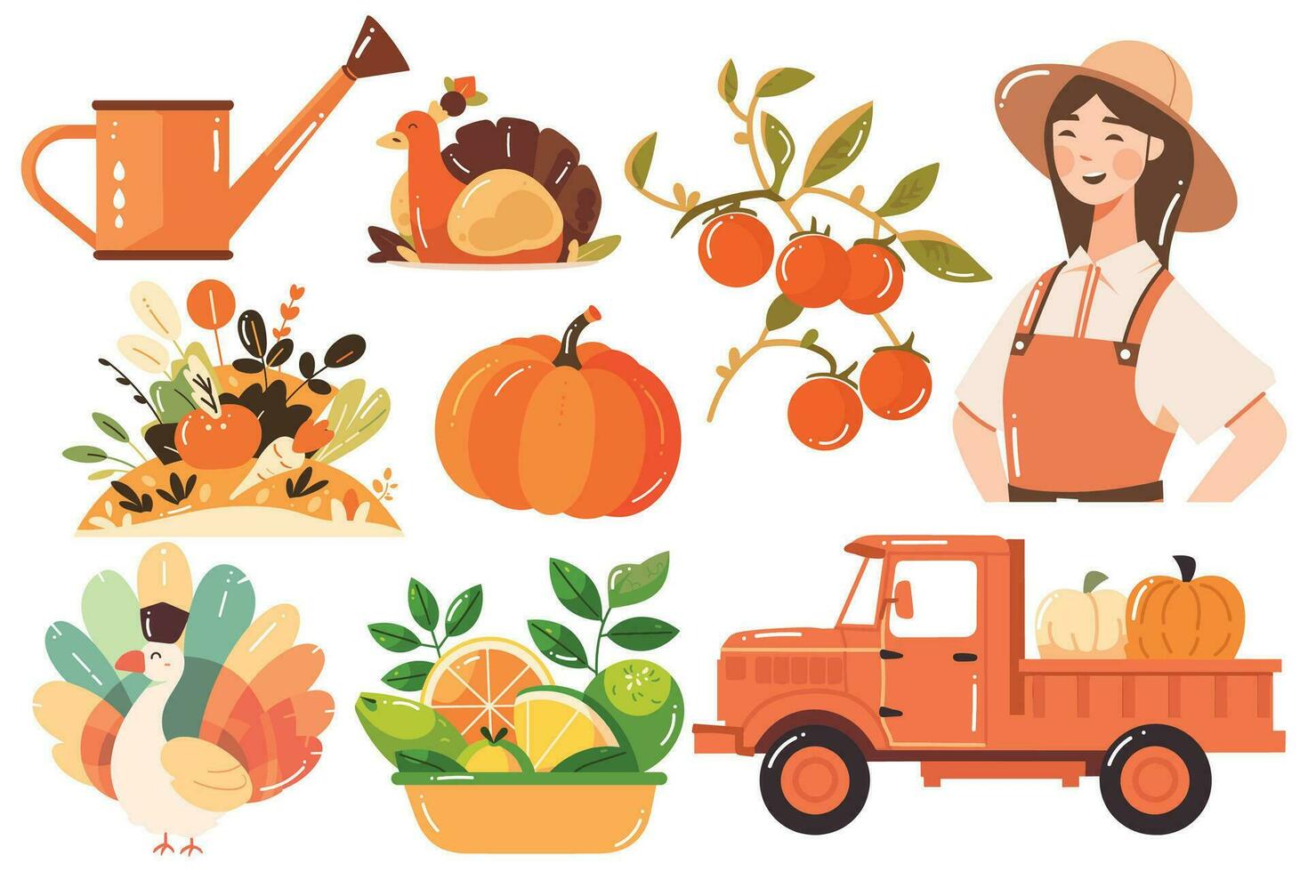 Hand Drawn Set of Farmer and farm objects in flat style vector