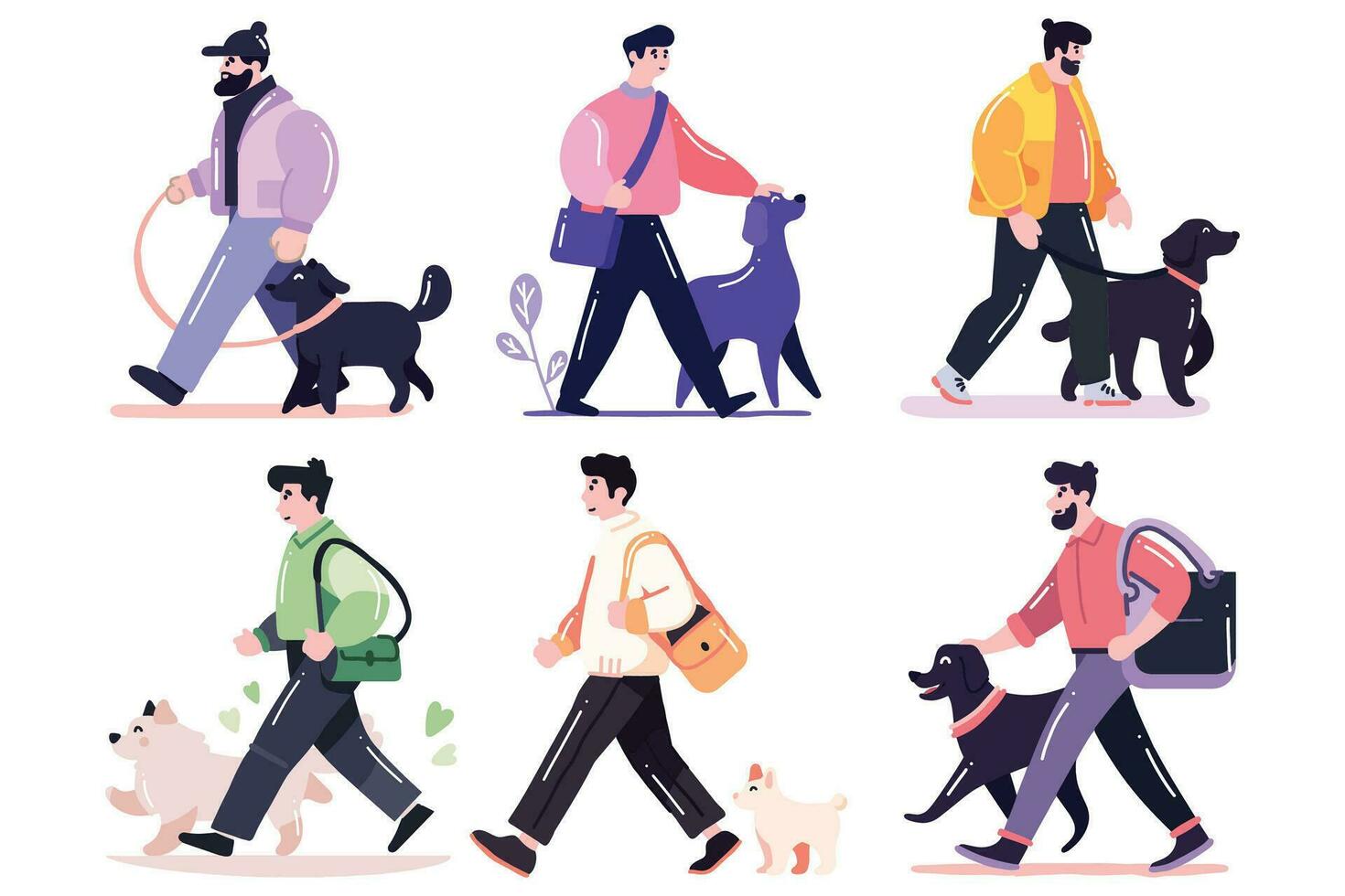 Hand Drawn Set of character is walking happily with the dog in flat style vector