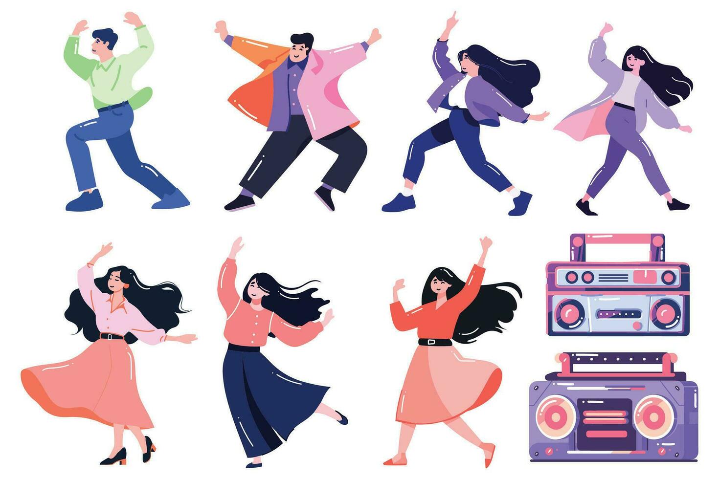 mano dibujado conjunto de caracteres son bailando felizmente en plano estilo vector