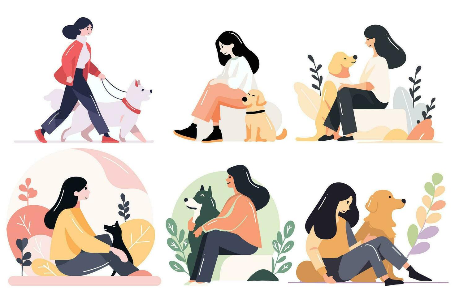 Hand Drawn Set of character is walking happily with the dog in flat style vector