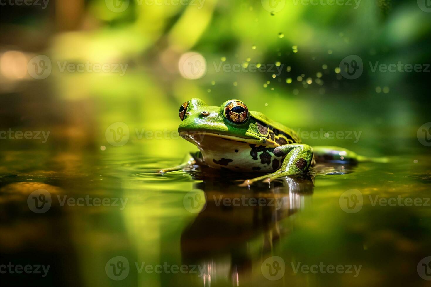 green frog floating in a rainforest river AI Generative photo