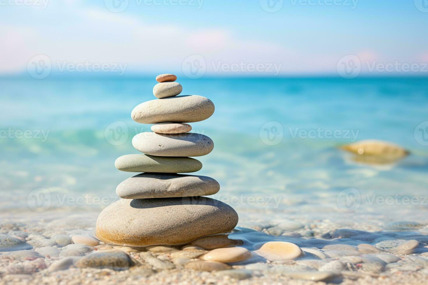 A pile of stones stacked on a pebbly beach, balance, ocean background AI Generative photo