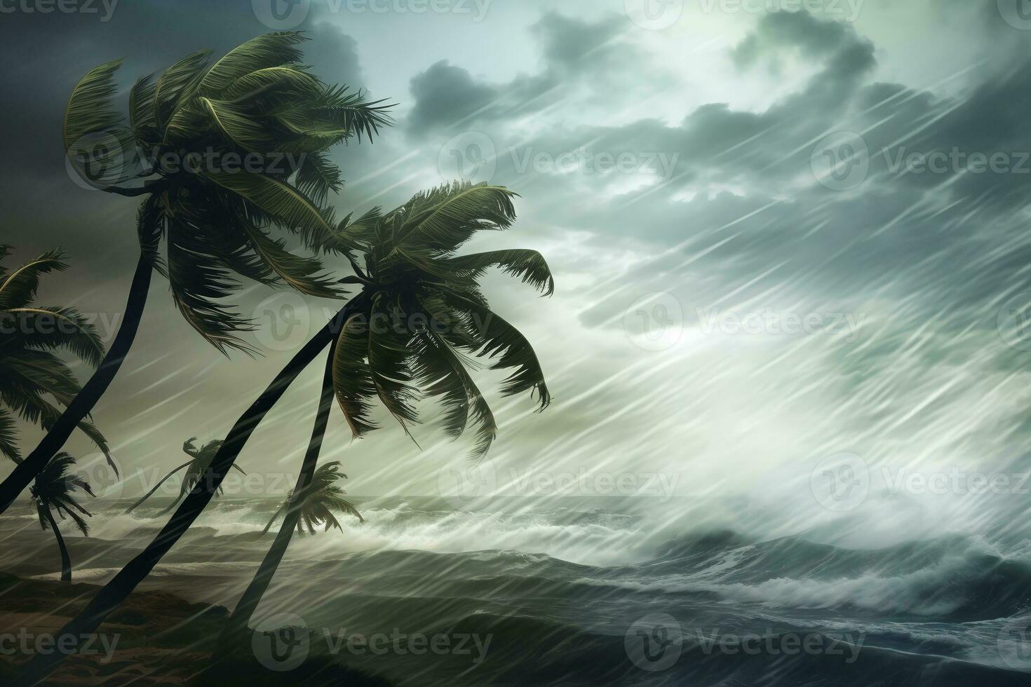 Palm trees sway in the wind from a tropical storm. ai generative