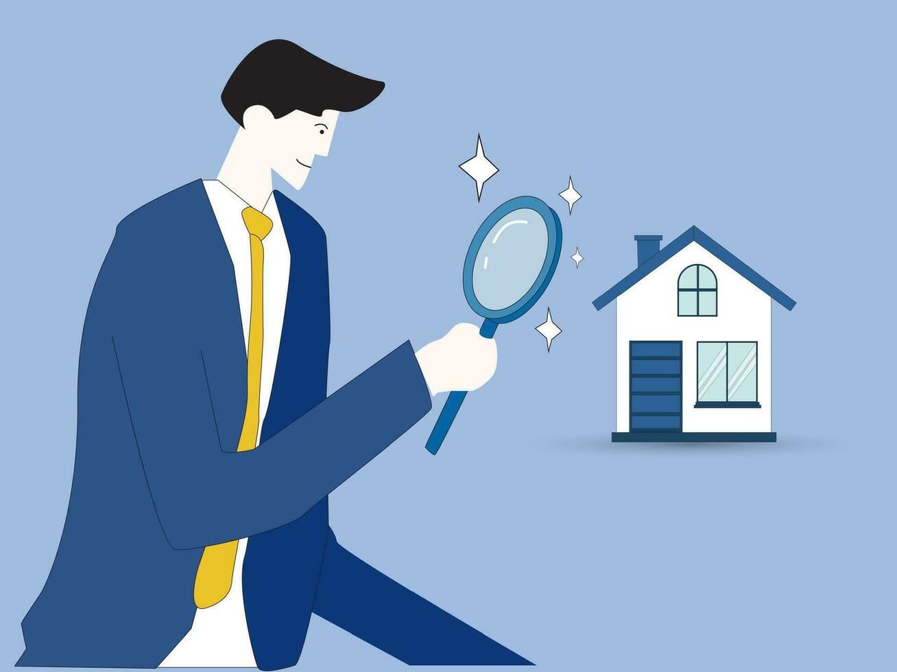 Searching for new house, look for real estate and accommodation valuation or new rent and mortgage concept, smart businessman using magnifying glass zooming to see house or residential details. vector