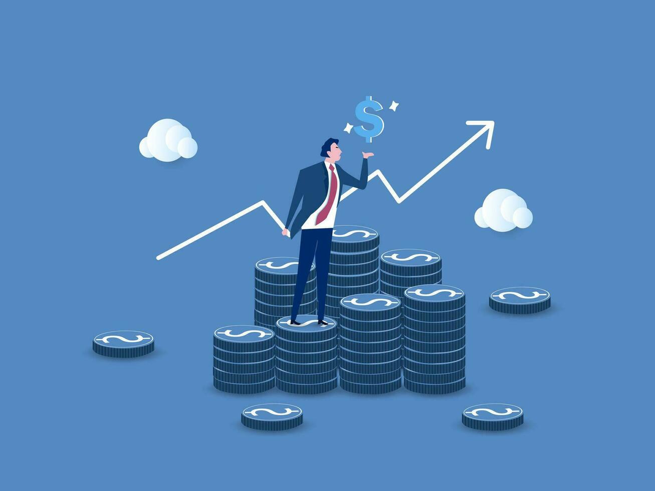 Success investing, growing wealth or being rich from pension or mutual fund, stock market return, money or financial success concept, rich businessman jump high on money coin stack with growth graph. vector