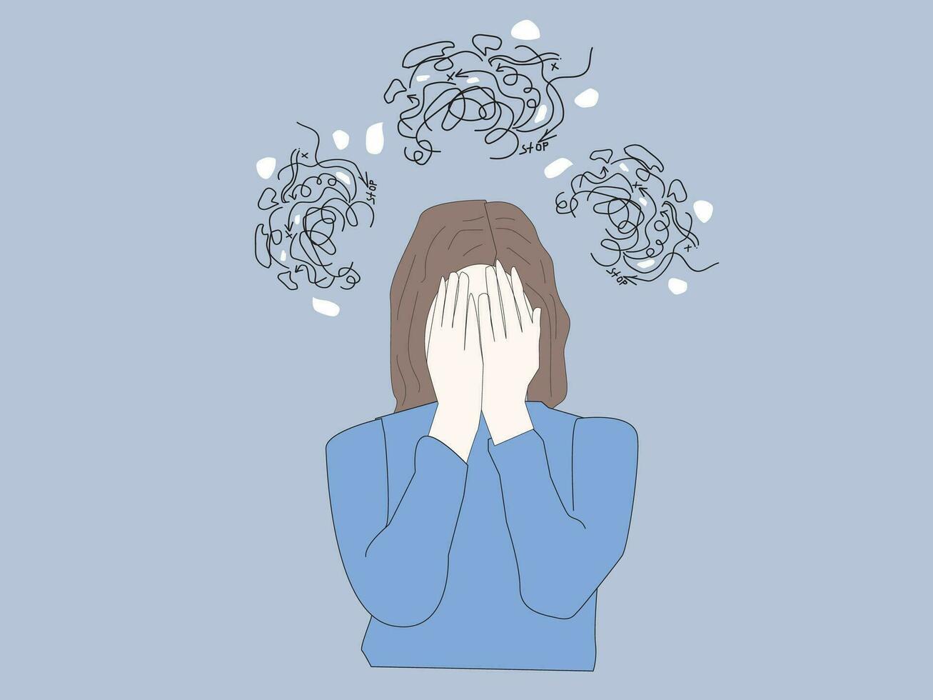 Mental disorder. Seeking answers. Confused woman suffering from depression, covering face with palms in despair, girl trying to solve complex problem. Simple flat vector. vector