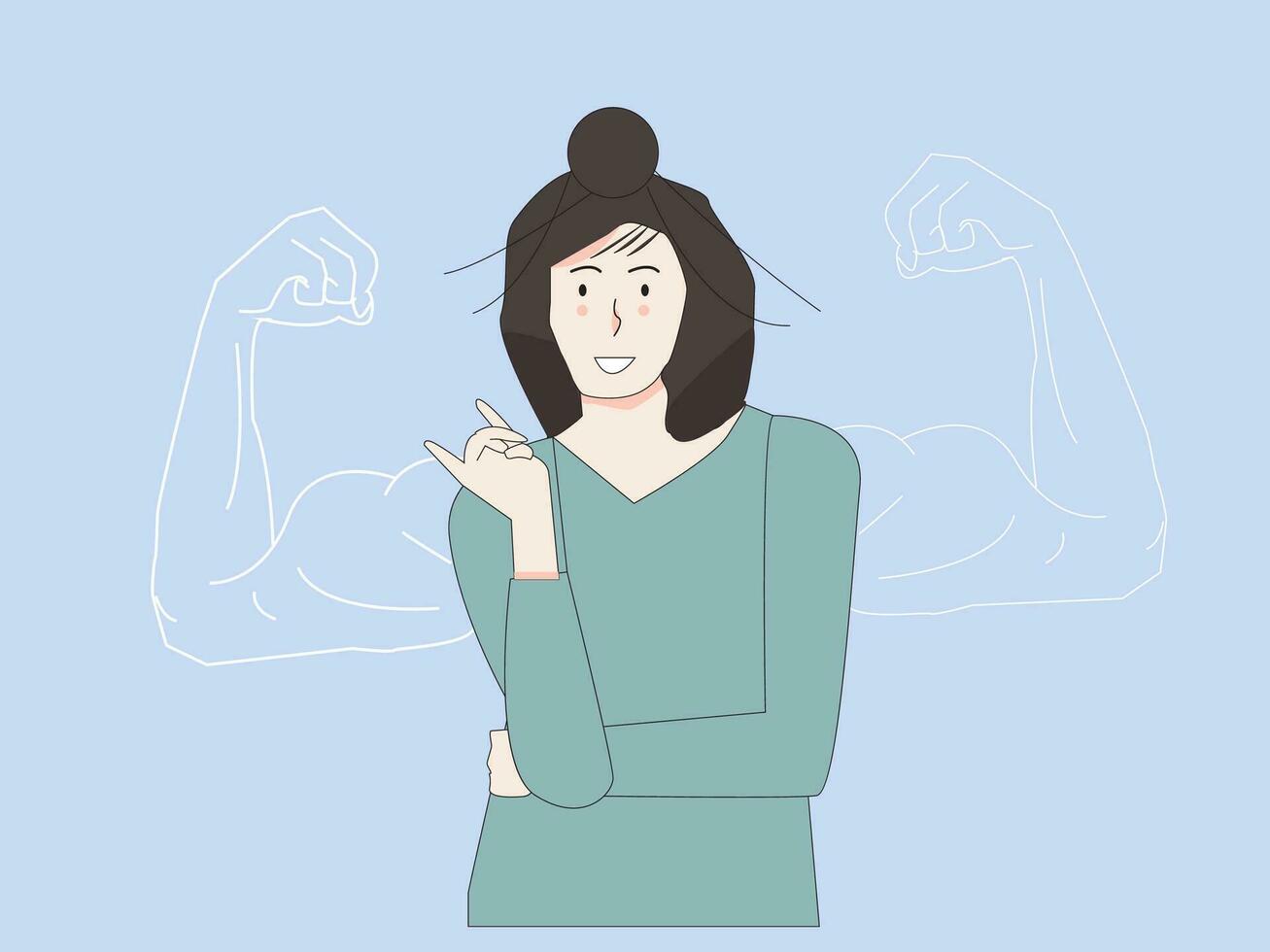 women's power woman self confidence High esteem concept, confident smiling woman standing, showing biceps silhouette, facing fear like a powerful hero, feeling powerful, confident with inner strength. vector