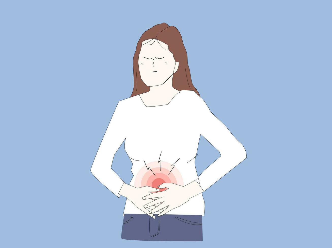 Diarrhea or constipation, problems with health concept. Young sad Woman standing feeling pain in stomach touching it with hands having Abdomen disease and illness vector illustration.