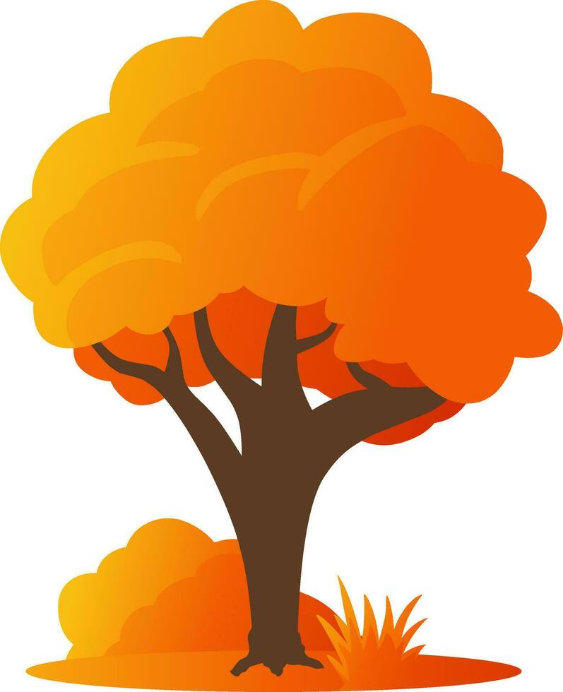 Autumn tree vector illustration. Fall season tree design with bush and grass. Autumn graphic resource for icon, sign, symbol or decoration. Fall season tree for forest, plant or environment design