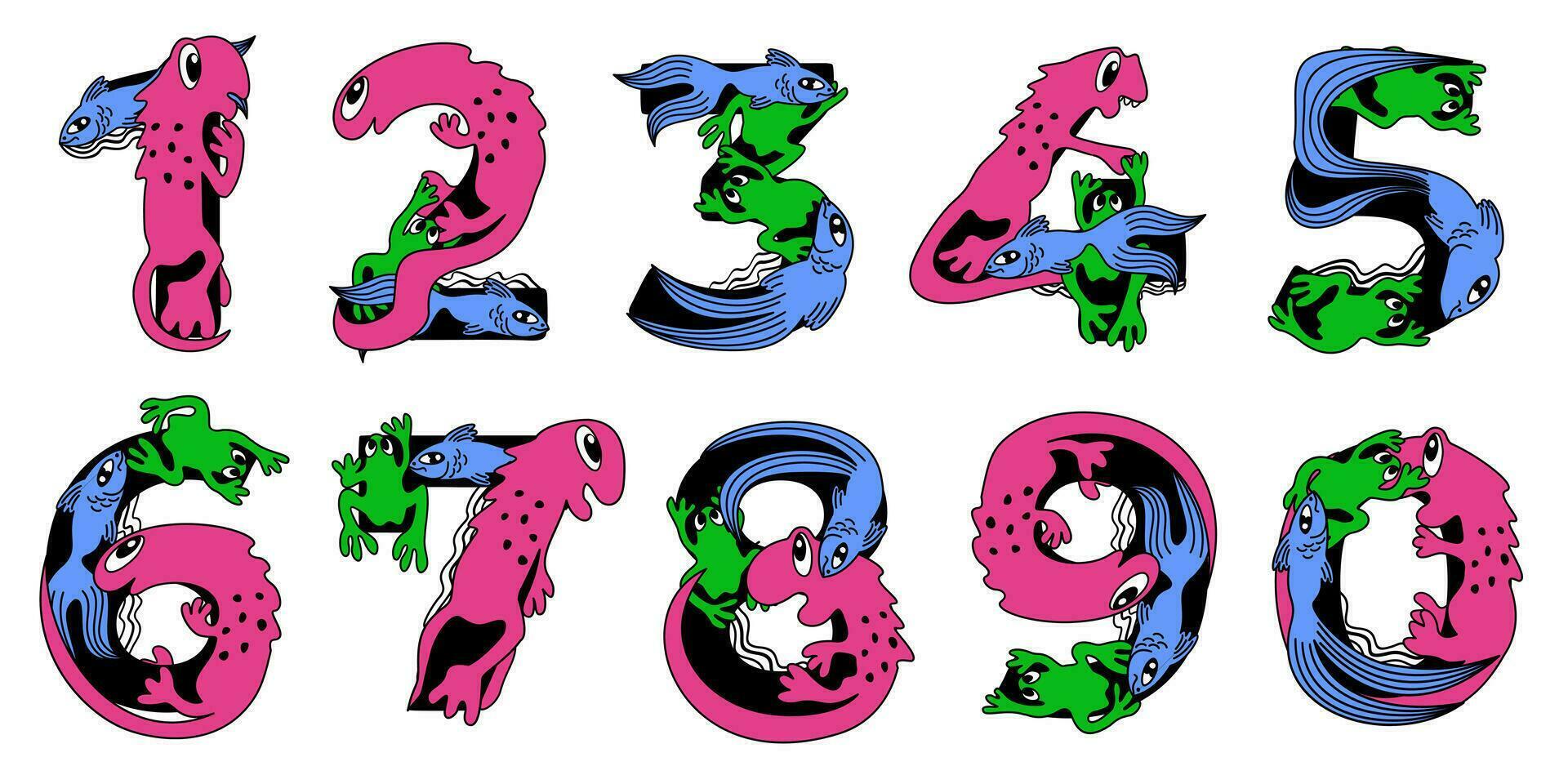 Numbers in cute childish style. Vector isolated colorful lettering with animals