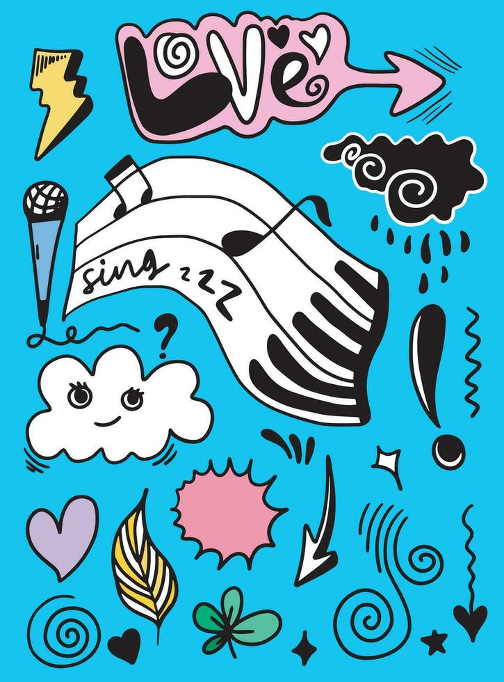 Cute hand drawn doodle on blue background. Colorful collection of leaf, thunderbolt, flower,heart, cloud, arrow and music background. vector