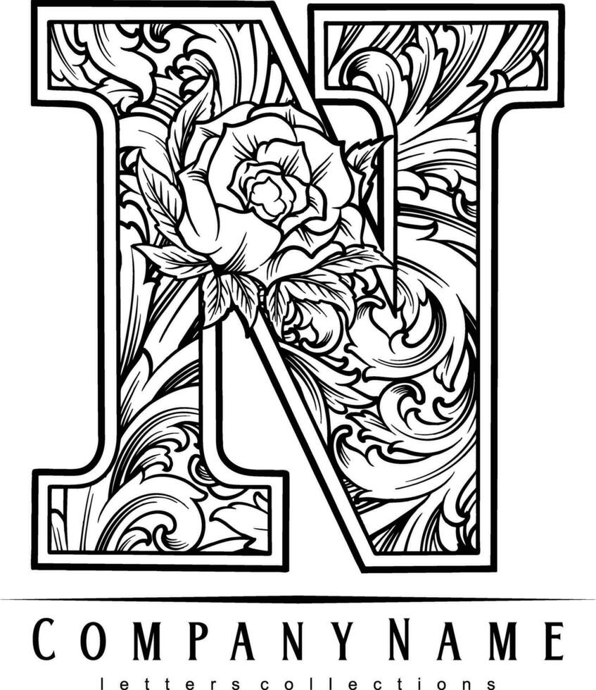 Classic elegant nostalgia capital N lettering illustrations monochrome vector illustrations for your work logo, merchandise t-shirt, stickers and label designs, poster, greeting cards advertising