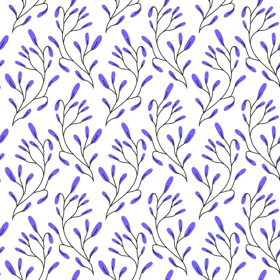 Delicate pattern with branches in purple colors. Delicate pattern with botanical elements. Vector illustration drawn by hand in simple Scandinavian doodle cartoon style. Background of branches.