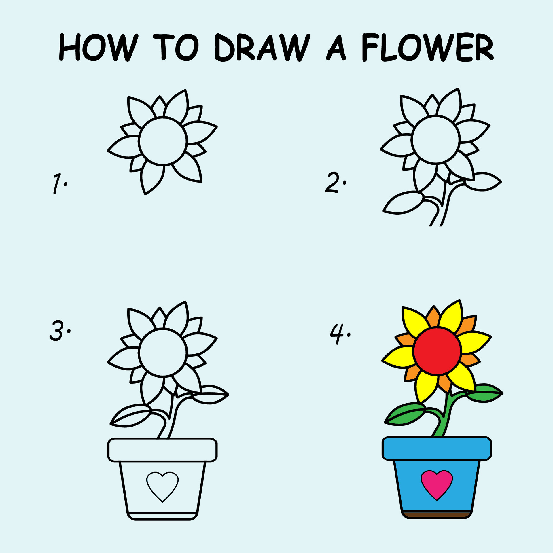 Step by step to draw a Sun Flower. Drawing tutorial a Sun Flower