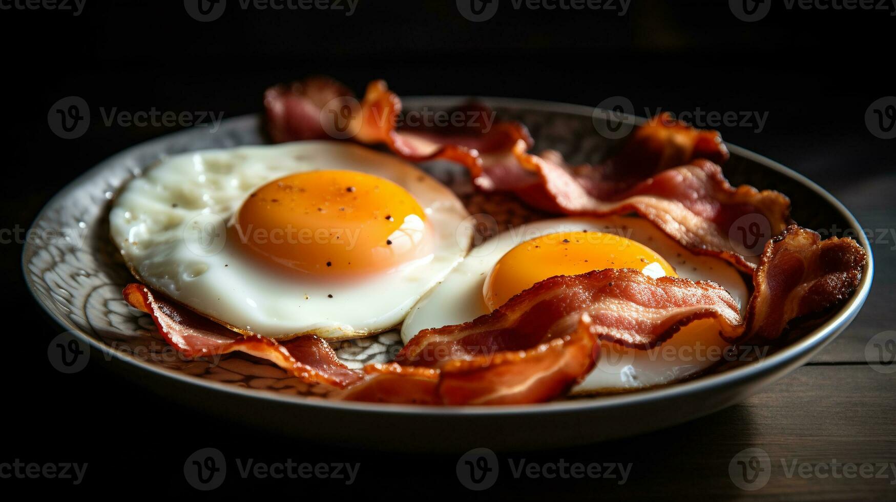 delicious fried eggs with bacon on a plate. generative ai photo
