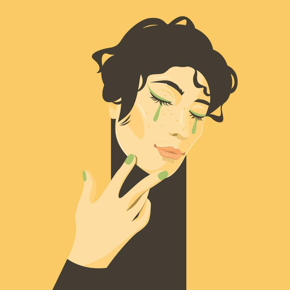 Vector portrait of sensual androgynous young man with bright makeup.